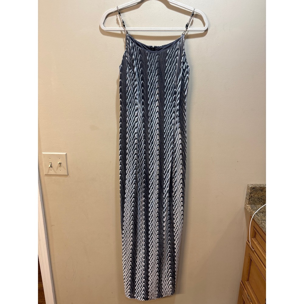 Y2K Scott McClintock Vtg 90s Silver Velvet Wavy Texture Maxi Dress Grey‎ 8 Prom